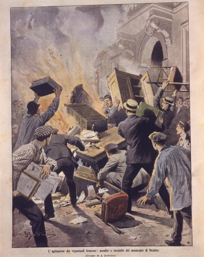 Winemakers setting fire to Beziers Town Hall during uprisings in France by Achille Beltrame