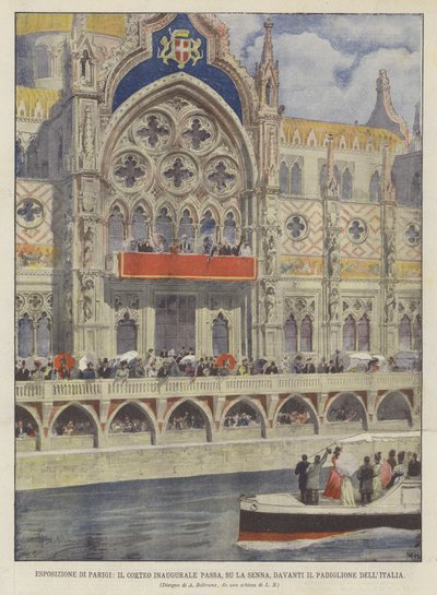 Paris Exposition, The Inaugural Procession Passes on the Seine, in Front of the Italian Pavilion by Achille Beltrame