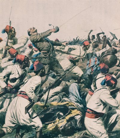 Ethiopian attack on Lugh garrison and killing of Captain Bongiovanni, illustration from La Domenica del Corriere by Achille Beltrame