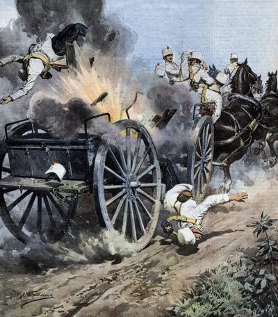 Explosion of an Artillery Crate Near Capannori in the Lucca Region During the Move of the 7th Regiment of Artillery of the Italian Army. Illustration by Beltrame. La Domenica del Corriere. 08/1909 by Achille Beltrame