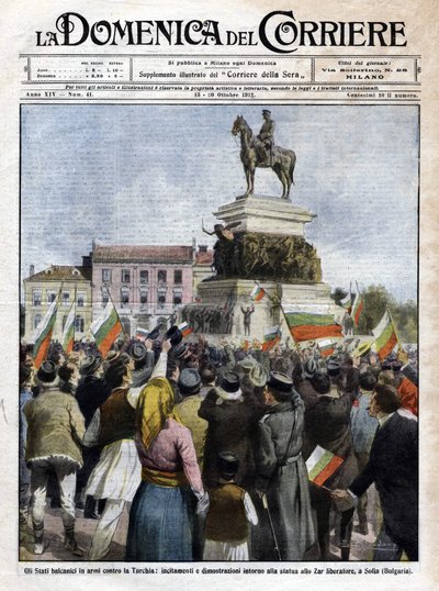 First Balkan War: Demonstrations in Front of the Statue of the Tsar in Sofia, Bulgaria. Illustration by Beltrame in La Domenica del Corriere. October 1912 by Achille Beltrame