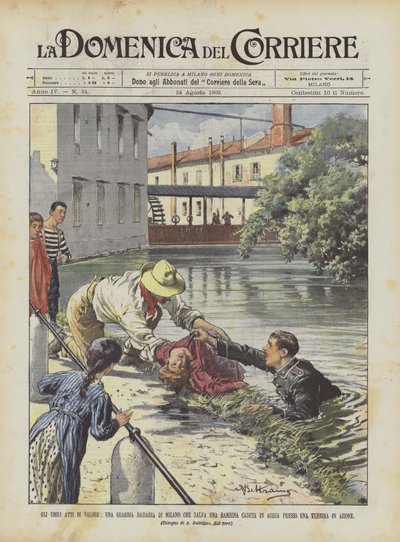 The Humble Acts of Valor, A Customs Guard in Milan Saving a Girl Who Fell into the Water by Achille Beltrame