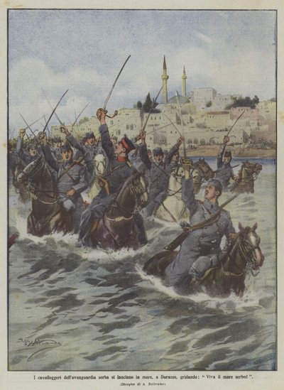 The Serbian vanguard cavalrymen throw themselves into the sea at Durazzo, shouting, Long live the Serbian sea by Achille Beltrame