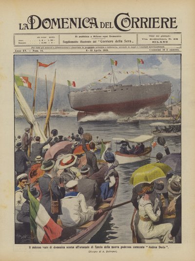 The solemn launch last Sunday at the Spezia arsenal of the new powerful battleship Andrea Doria by Achille Beltrame