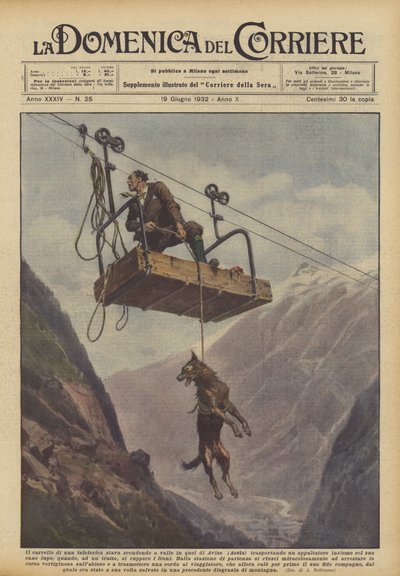 The Trolley of a Cable Car Was Descending into the Valley in Avise (Aosta) Transporting... by Achille Beltrame