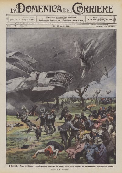 The Dirigible City of Milan Completely Destroyed by Wind and Fire During a Landing Near Cantu (Como) by Achille Beltrame