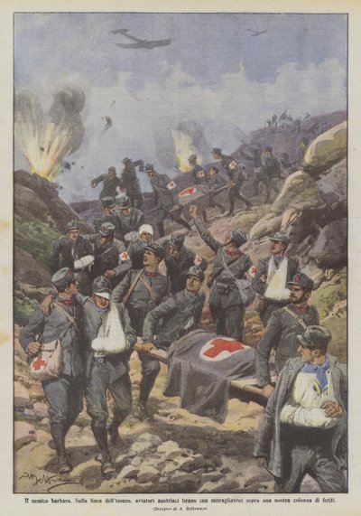 The Barbaric Enemy, On the Isonzo Line, Austrian Aviators Shoot with Machine Guns Over a by Achille Beltrame
