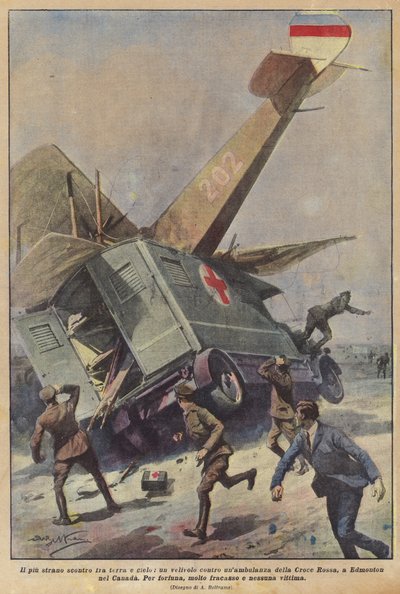 The Strangest Clash Between Land and Sky: An Aircraft Against a Red Cross Ambulance in Edmonton, Canada by Achille Beltrame
