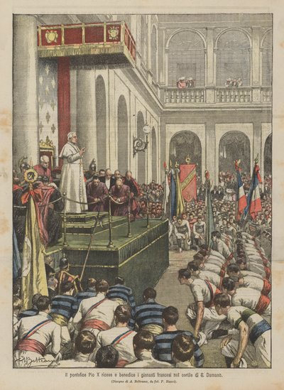 Pope Pius X receives and blesses French gymnasts in the courtyard of St. Damasus by Achille Beltrame