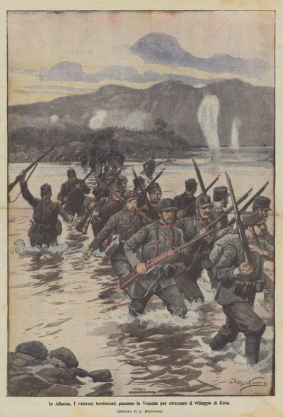 In Albania, the valiant territorials cross the Vojussa to attack the village of Kuta by Achille Beltrame