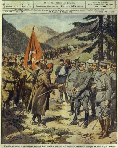 Italo-Turkish or Libyan war (1911-1912), Turkish army surrenders and gives up weapons to the Italian General Ameglio at Rhodes, May 26 by Achille Beltrame