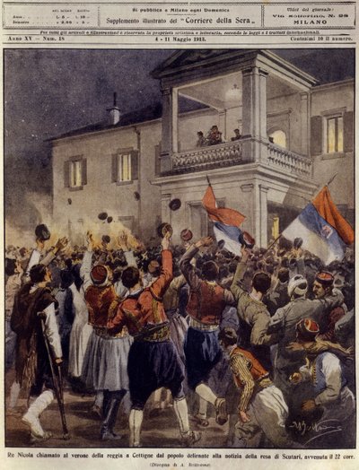 King Nicholas I of Montenegro before a crowd at Cettigne after the surrender of the city of Shkoder, May 4 by Achille Beltrame