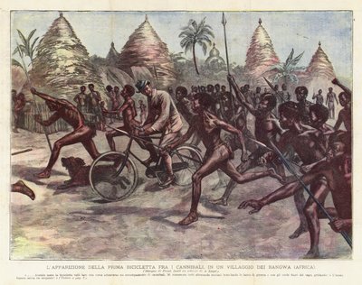 The Appearance of the First Bicycle among the Cannibals, in a Village of the Bangwa (Africa) by Achille Beltrame