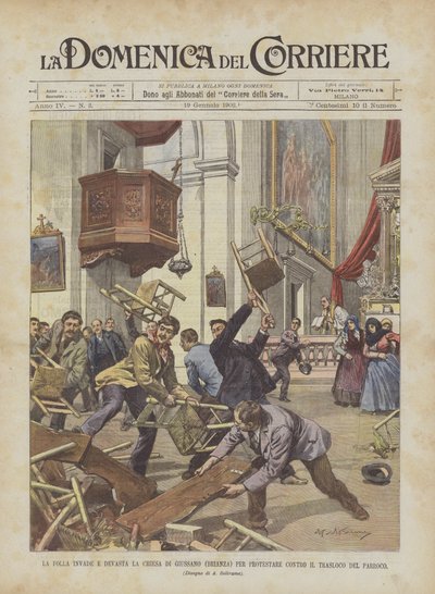 The Crowd Invades and Devastates the Church of Giussano (Brianza) to Protest Against the Relocation of the Parish Priest by Achille Beltrame