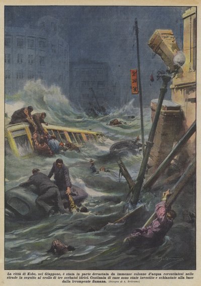 The City of Kobe in Japan Partially Devastated by Huge Columns of Water by Achille Beltrame