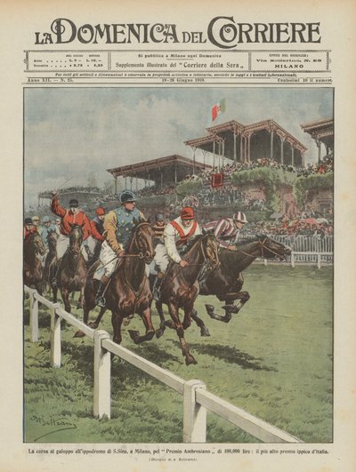 The gallop race at the S Siro racetrack, in Milan, for the Ambrosiano Prize of 100,000 lire by Achille Beltrame