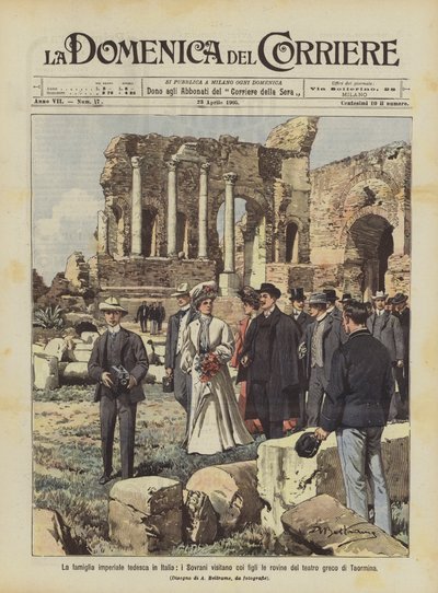 The German imperial family in Italy, the Sovereigns visit the ruins of the Greek theater in Taormina with their children by Achille Beltrame