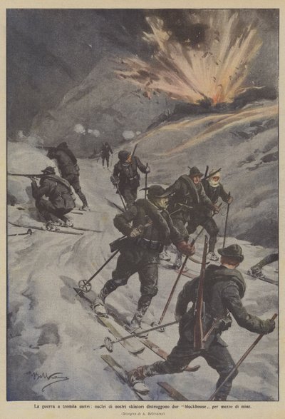 The War at Three Thousand Meters, Our Ski Troops Destroy Two Blockhouses with Mines by Achille Beltrame