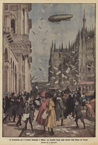 Propaganda for the National Loan in Milan, a dirigible drops colored sheets on Piazza del Duomo by Achille Beltrame
