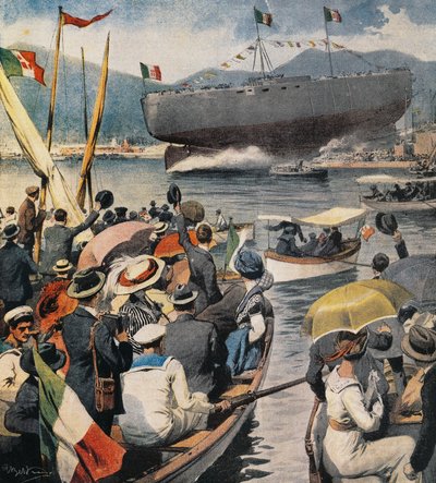 Launching of battleship Andrea Doria from Arsenale in La Spezia, panel by Achille Beltrame, La Domenica del Corriere, April 6 by Achille Beltrame