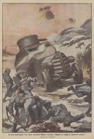 Modern Weapons, Our Armored Car Surprises and Disperses a Group of Austrian Scouts by Achille Beltrame