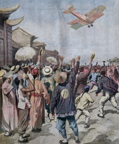 Lieutenant Arturo Ferrarin, participant in Rome-Tokyo raid, arriving appearing over sky of Shanghai, illustration by Achille Beltrame from La Domenica del Corriere, May 16 by Achille Beltrame