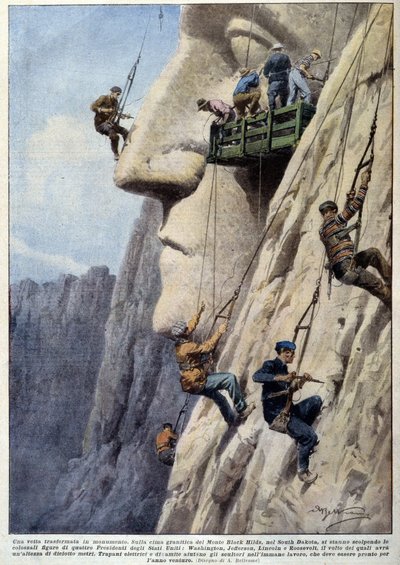 Men climbing a granite cliff and sculptors at work, for the construction of the monument of American presidents of Mount Black Hills - drawing by A. Beltrame, in 