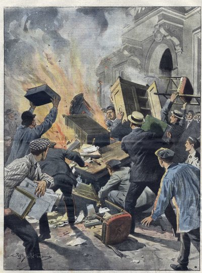 Midi Wine Crisis in 1907: Winemakers Set Fire to the Town Hall of Beziers (Herault). Illustration of Achille Beltrame from 1907 by Achille Beltrame