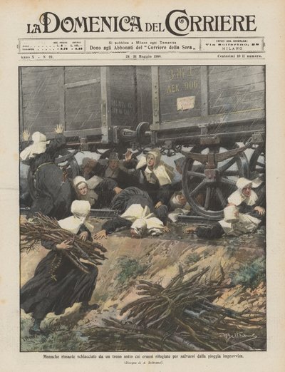 Nuns crushed by a train under which they had taken refuge to escape the sudden rain by Achille Beltrame