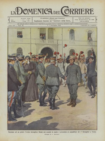 Honors to a Brave, the Heroic Bersagliere Benna with His Mother Presented to Comrades by Achille Beltrame