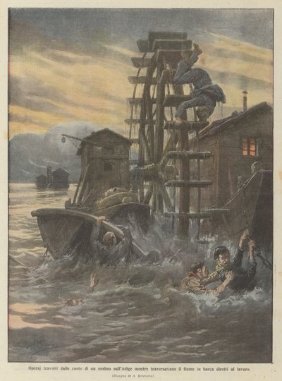 Workers Overwhelmed by the Wheels of a Mill on the Adige While Crossing the River in a Boat on Their Way to Work by Achille Beltrame