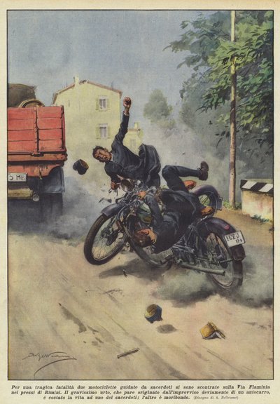 Due to a Tragic Accident, Two Motorcycles Driven by Priests Collided on the Road by Achille Beltrame