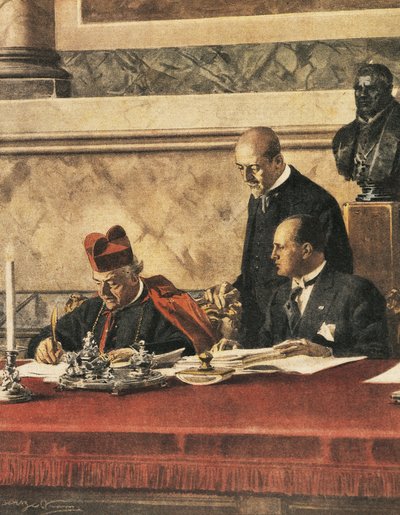 Signing of Lateran Treaty between Cardinal P. Gasparri and B. Mussolini by Achille Beltrame
