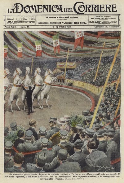 Soldiers watching performing horses at a circus in Turin by Achille Beltrame
