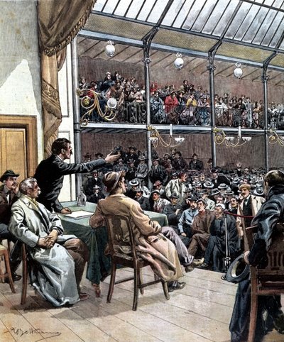 The appearance of the first trade unions in Milan in 1901. Illustration by Beltrame. La Domenica del Corriere 1901. by Achille Beltrame