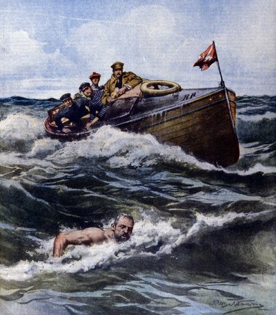 Thomas Burgess, an English swimmer living in France, beating the English Channel crossing record on September 6 by Achille Beltrame