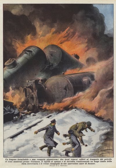 A Formidable Roar and a Gigantic Blaze, Two Romanian Trains Used for Transport by Achille Beltrame