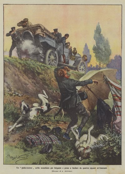 A Serbian Globe-Trotter Mistaken for a Brigand and Shot by Four Drunken Gentlemen by Achille Beltrame