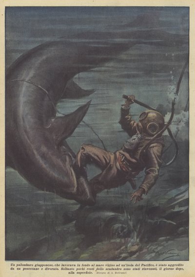 A Japanese diver, working at the bottom of the sea near a Pacific island by Achille Beltrame
