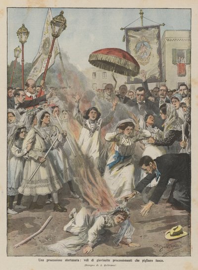 An Unfortunate Procession, Veils of Young Girls in Procession Catching Fire by Achille Beltrame