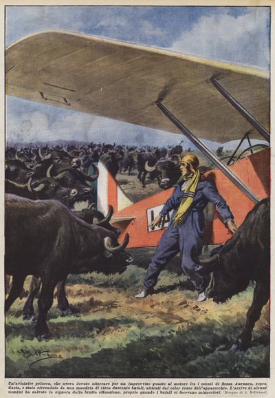 A Polish aviator who had to land due to a sudden engine failure in the mountains by Achille Beltrame