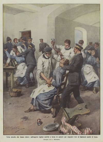 Heroic virtues that make you laugh, English suffragettes force-fed in prison to prevent them from... by Achille Beltrame