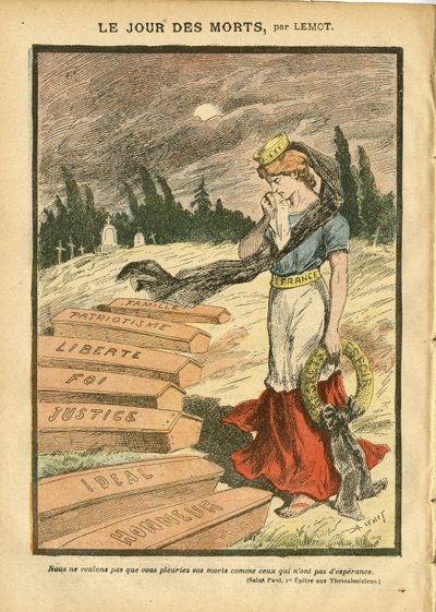 Illustration of Achille Lemot in Le Pelerin, 03/11/07 - The Day of the Dead - Justice Trial, Religion Faith, Liberty, France, Three-color Flag, Patriotism, Mourning Funeral, Honour, Casket - Marianne - Death, Religious Metaphor by Achille Lemot