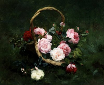 Roses in a basket by Achille Theodore Cesbron