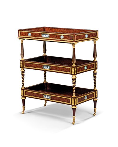 Late Louis XVI ormolu and cameo-mounted burr yew wood and mahogany table travailleuse by Adam Weisweiler