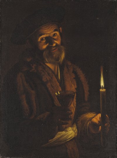 Old Man Holding a Candle and a Glass by Adam de Coster
