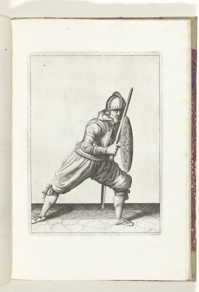Exercise with Shield and Pike: The Soldier in a Defensive Stance with One Foot Forward and His Rapier and Shield on His Knee in Front of His Body (No. 21), 1618 by Adam van Breen