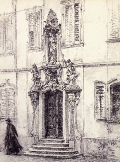 A Man Descending the Stairway of a Building Decorated with a Baroque Portal by Adolph Menzel