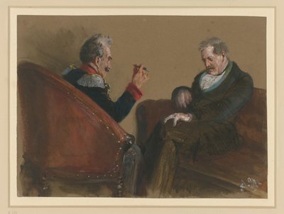 Older Officer and Civilian Sitting Opposite Each Other in Conversation by Adolph Menzel