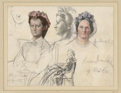 Miss von Below, Half Figure Sitting to the Left, Head Almost En Face, Right: Head Study in Profile to the Left, Below: Whole Figure Sitting (Partly Crossed Out) Right: Baroness von Schuckmann, Head Study En Face by Adolph Menzel